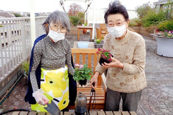 屋上庭園での苗植え