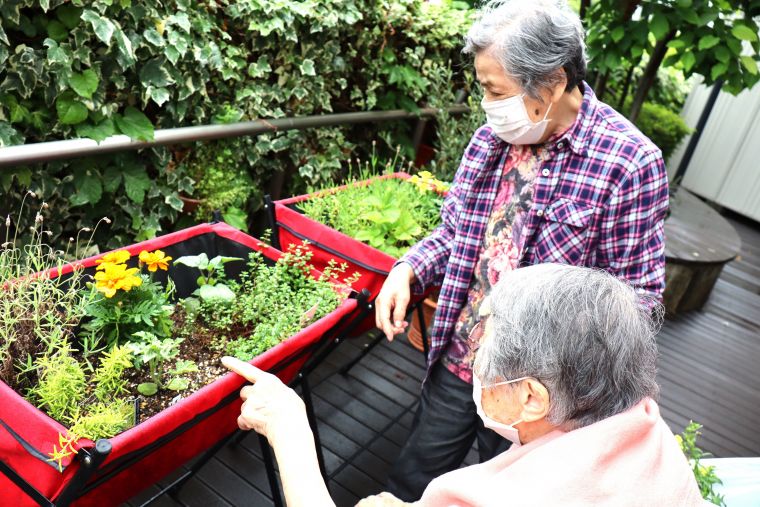 「こんな可愛い花壇に、大きなスイカができるかしら？」と、前日に植え込んだ野菜の成長談義にも花が咲きました♪