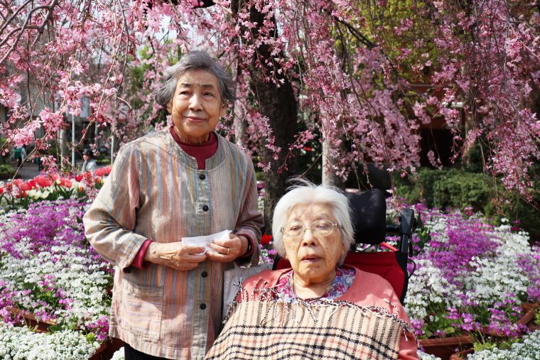 ヒュッテでお暮しの仲良しファミリー！桜に合わせたピンク色のお洋服もお似合いの、仲睦ましいお母様同士です🌸