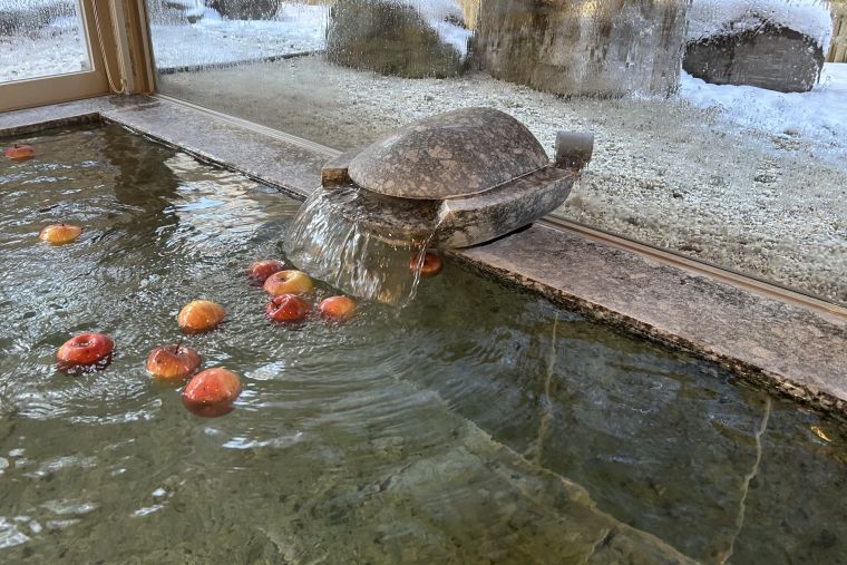 寒い日が続きますが、浴室庭園に残る雪とリンゴのコントラストも良いものですね。