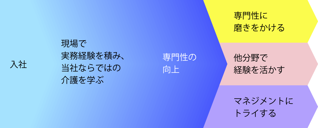 入社→現場で実務経験を積み、当社ならではの介護を学ぶ→専門性の向上→専門性に磨きをかける・他分野で経験を活かす・マネジメントにトライする