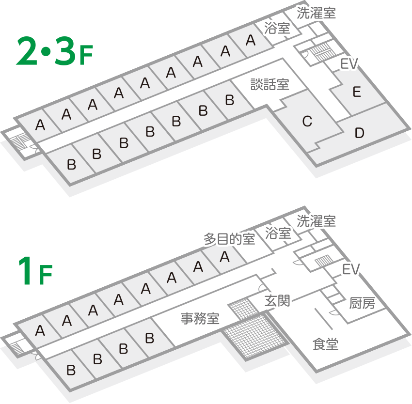 1F：テラス、エントランス、浴室、食堂、事務室、Aタイプ8室、Bタイプ4室、2・3F：談話室、浴室、Aタイプ9室、Bタイプ7室、Cタイプ3室、D・Eタイプ各1室