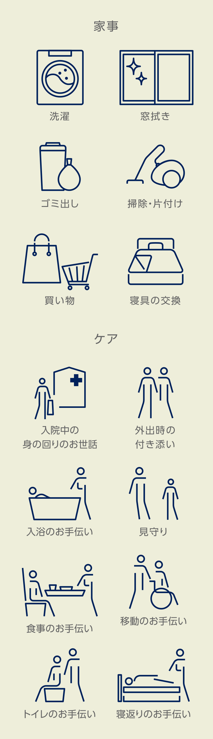 家事コース 洗濯 アイロンがけ ゴミ出し 掃除・片付け 買い物 寝具の交換 入院中の身の回りのお世話 外出時の付き添い ケアコース 入浴のお手伝い 見守り 食事のお手伝い 移動のお手伝い トイレのお手伝い 寝返りのお手伝い